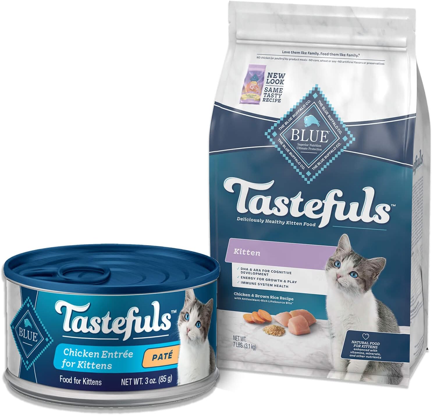 Blue Buffalo Tastefuls Natural Kitten Food Bundle, Dry Cat Food And Wet Cat Food, Chicken (7-Lb Dry Food + 3Oz Cans 24 Ct)