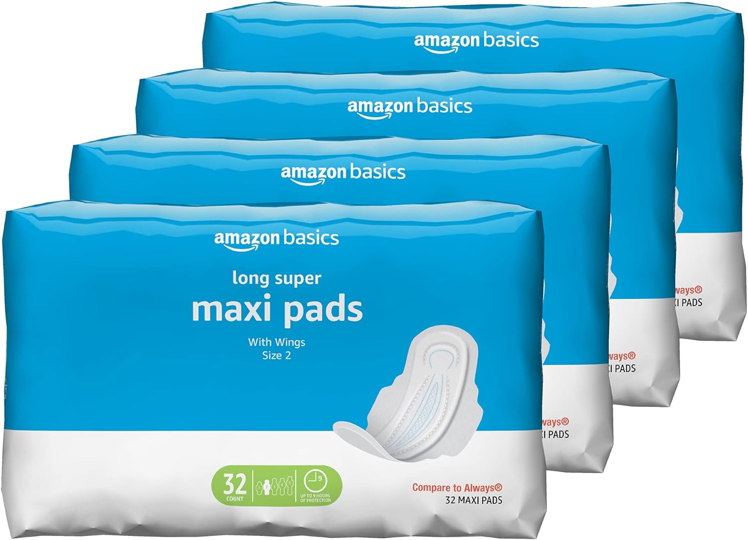 Amazon Basics Thick Maxi Pads with Flexi-Wings for Periods, Long Length, Super Absorbency, Unscented, Size 2, 128 Count, 4 Packs of 32 (Previously Solimo)