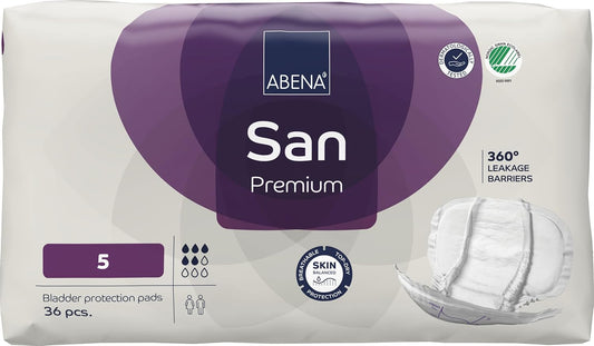 ABENA San Premium Mens & Womens Incontinence Pads, Breathable & Comfortable, Fast Absorption, Discreet & Effective Shaped Incontinence Pads for Men/Women - Premium 5, 1200ml Absorbency, 36PK