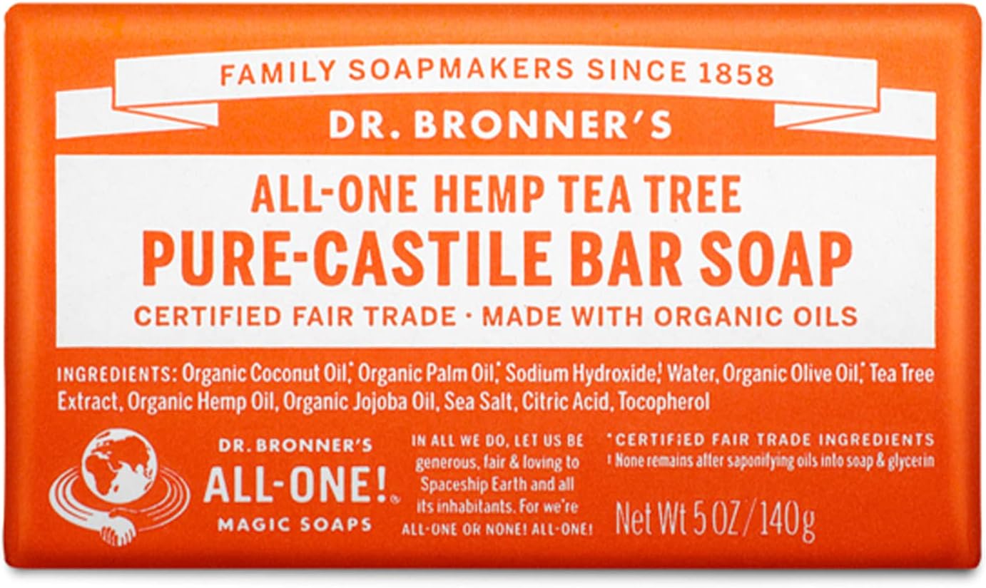 Dr. Bronner's - Pure-Castile Bar Soap (Tea Tree, 5 ounce) - Made with Organic Oils, For Face, Body, Hair and Dandruff, Gentle on Acne-Prone Skin, Biodegradable, Vegan, Non-GMO