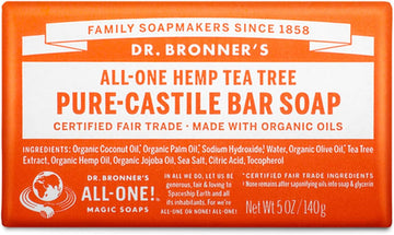 Dr. Bronner's - Pure-Castile Bar Soap (Tea Tree, 5 ounce) - Made with Organic Oils, For Face, Body, Hair and Dandruff, Gentle on Acne-Prone Skin, Biodegradable, Vegan, Non-GMO