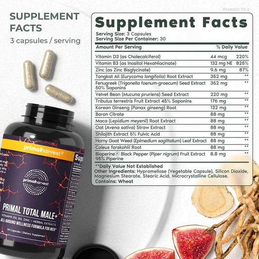 Primal Harvest Primal Total Male Natural Tribulus Terrestris, Fenugreek, Korean Ginseng, Maca Root Horny Goat Weed For Men Booster, Max Boost 90 Capsules…