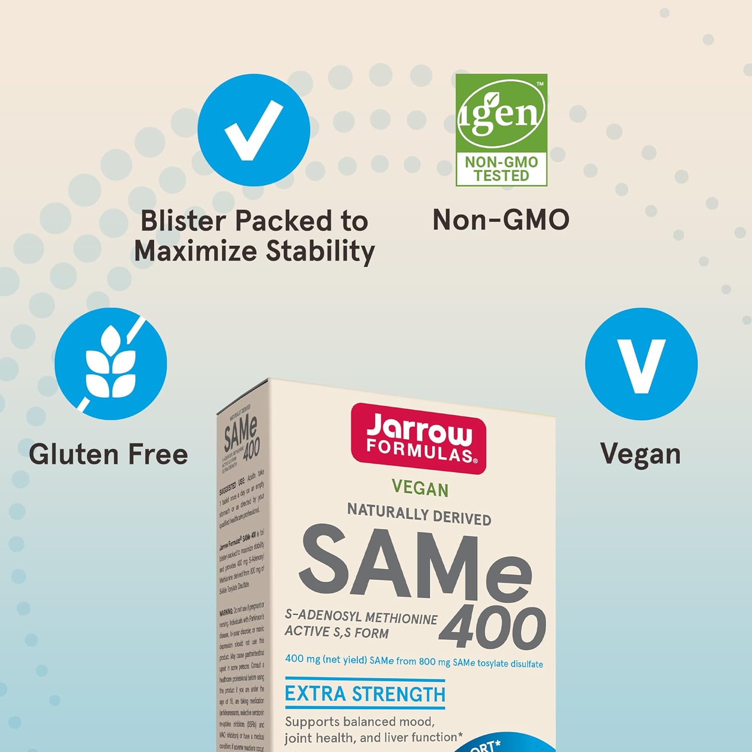 Jarrow Formulas SAMe 400 mg Extra Strength Vegan Naturally Derived SAMe Dietary Supplement, SAMe Supplement Supports Joint Health, Liver Health and Brain Health, 30 Tablets, 30 Day Supply : Health & Household