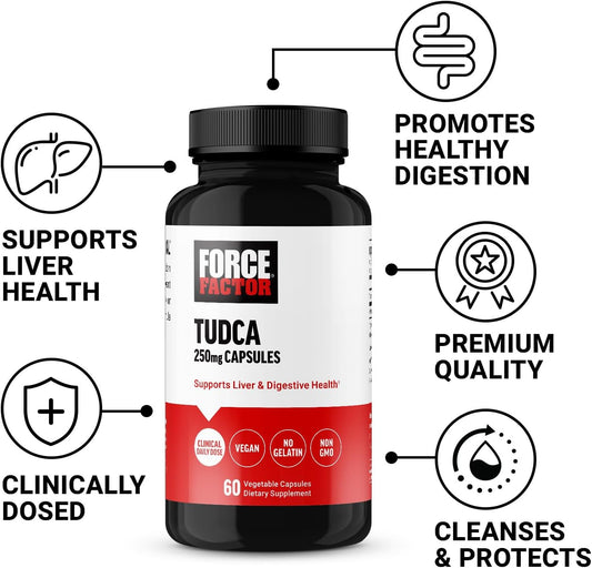 FORCE FACTOR TUDCA Liver Support Supplement, Powerful Bile Salt for Gallbladder Health and Liver Health, Tauroursodeoxycholic Acid, Clinical Dose, Vegan Friendly, Non-GMO, 60 Vegetable Capsules