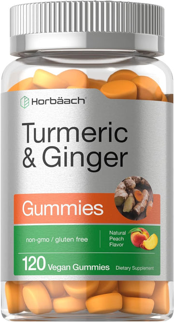 Horbäach Turmeric And Ginger Gummies | 120 Count | Peach Flavor | Vegan Non-Gmo & Gluten Free Supplement