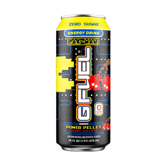 G Fuel Pac-Man Power Pellet - Cherry Lollipop Energy Drink, 16 Oz Can, 12-Pack Case