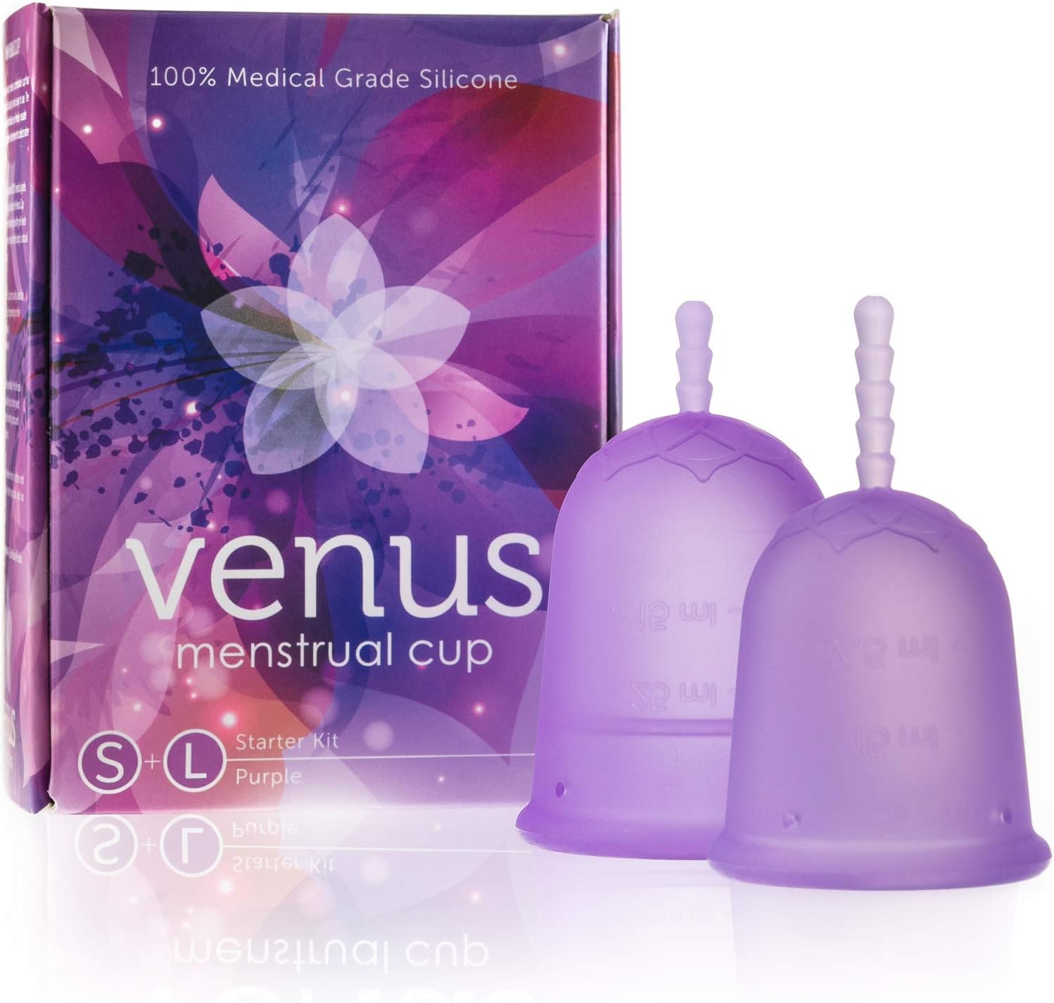 Venus Menstrual Cup Starter Kit - Set of 2 Cups in 1 Package – Perfect for Beginners - FDA Registered & 100% Medical Grade Silicone Reusable Period Cups – Made in USA – Sizes Small+Large - Purple