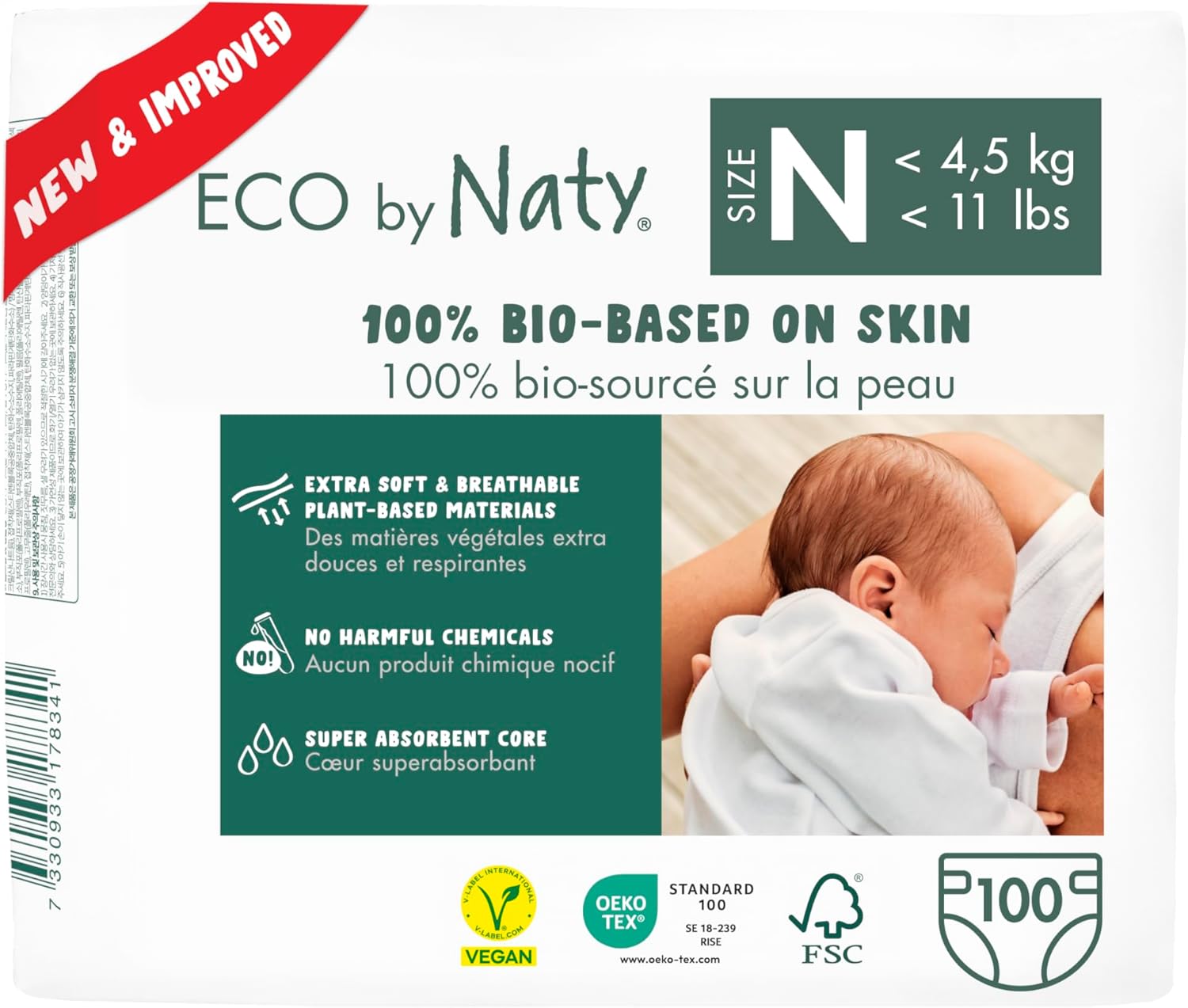 Eco by Naty Eco-Friendly Baby Diapers Newborn - 100% Plant-Based Materials on Skin, Extra Soft, for Sensitive Skin & Super Absorbent (Size N, 100 Count)