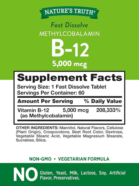 Nature'S Truth B12 Vitamin 5000 Mcg | 60 Tablets | Fast Dissolve Natural Berry Flavor | Vegetarian, Non-Gmo & Gluten Free Supplement