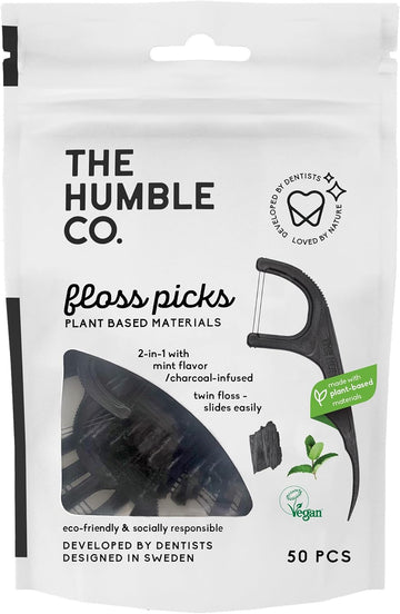 The Humble Co. - Dental Floss Picks - 2 In 1 Charcoal Infused With Mint Flavour - Developed By Dentists - Designed In Sweden - Teeth Cleaning - Reusable - Vegan & Cruelty-Free - 50P
