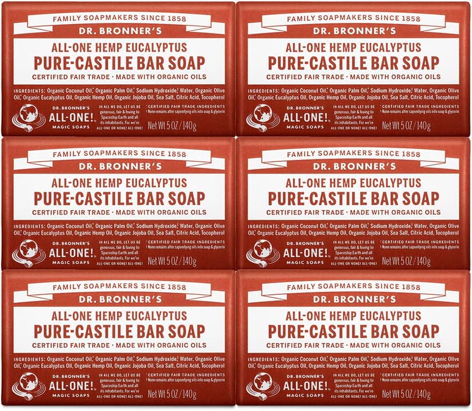 Dr. Bronner's - Pure-Castile Bar Soap (Eucalyptus, 5 ounce, 6-Pack) - Made with Organic Oils, For Face, Body and Hair, Gentle and Moisturizing, Biodegradable, Vegan, Cruelty-free, Non-GMO
