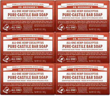 Dr. Bronner's - Pure-Castile Bar Soap (Eucalyptus, 5 ounce, 6-Pack) - Made with Organic Oils, For Face, Body and Hair, Gentle and Moisturizing, Biodegradable, Vegan, Cruelty-free, Non-GMO
