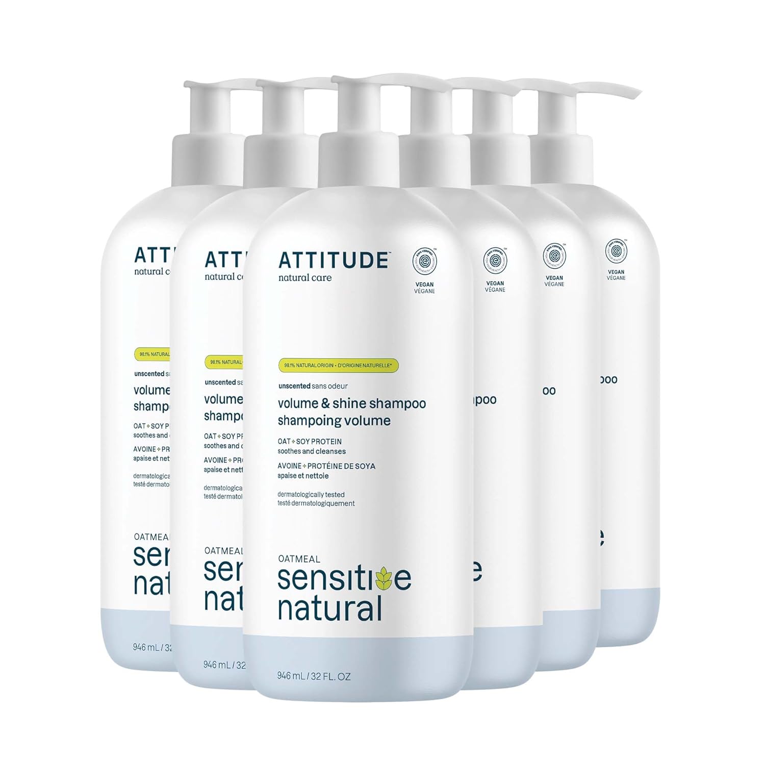 Attitude Hair Shampoo For Sensitive Dry Scalp, Ewg Verified, Soothing Oat, For Thin Hair, Naturally Derived Ingredients, Vegan And Plant-Based, Volume And Shine, Unscented, 32 Fl Oz (Pack Of 6)