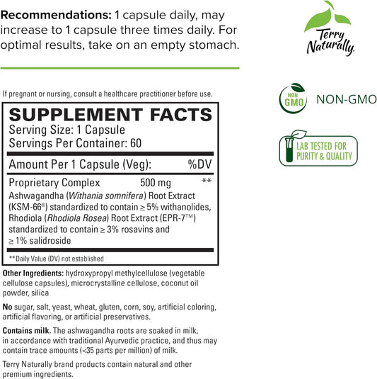 Terry Naturally Adaptra - 60 Capsules - Ashwagandha & Rhodiola Supplement - Non-GMO, Gluten Free - 60 Servings