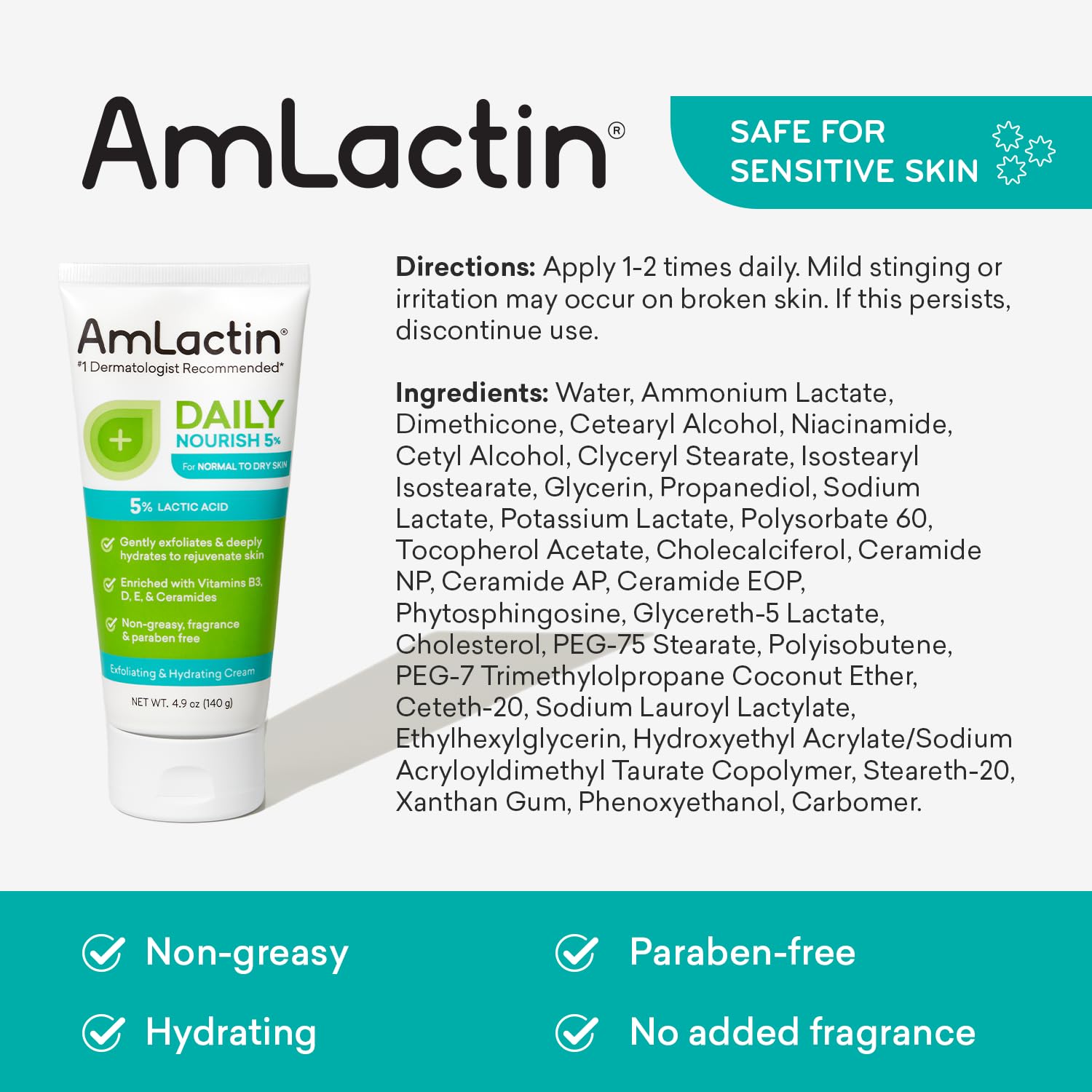 AmLactin Daily Nourish 5% - 4.9 oz Body Cream with 5% Lactic Acid - Exfoliator and Moisturizer for Dry Skin : Beauty & Personal Care