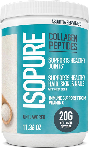 Isopure Collagen Peptides Powder, Promotes Hair, Nail, Skin and Joint Health,14 Servings, Unflavored, with Vitamin C, with Biotin