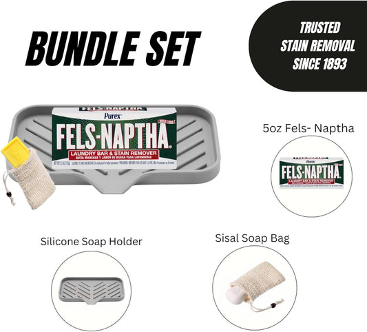 Fels Naptha Laundry Detergent Bar 5 Ounce - Your Ultimate Bundle Kit Fels Naptha Laundry Bar Soap and Stain Remover with Silicone Soap Holder, Sisal Bag, and Purex Fels Naptha Bar 5 Ounce
