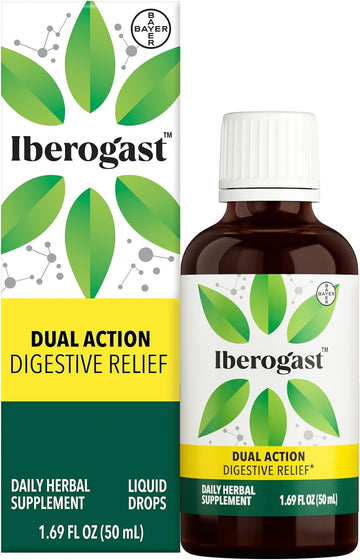 Iberogast Dual Action Digestive Relief, Daily Herbal Supplement, Supports Gut Health* Helps: Relieve Occasional Upset Stomach (Bloating Relief, Nausea, Heartburn, Gas)+Restore Digestive Function* 50Ml