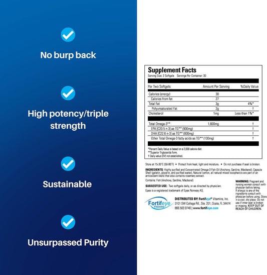 Fortifeye Vitamins Super Omega-3 Fish Oil | 1600 mg Omega 3 | with EPA and DHA | Natural Lemon Flavor 30 Servings