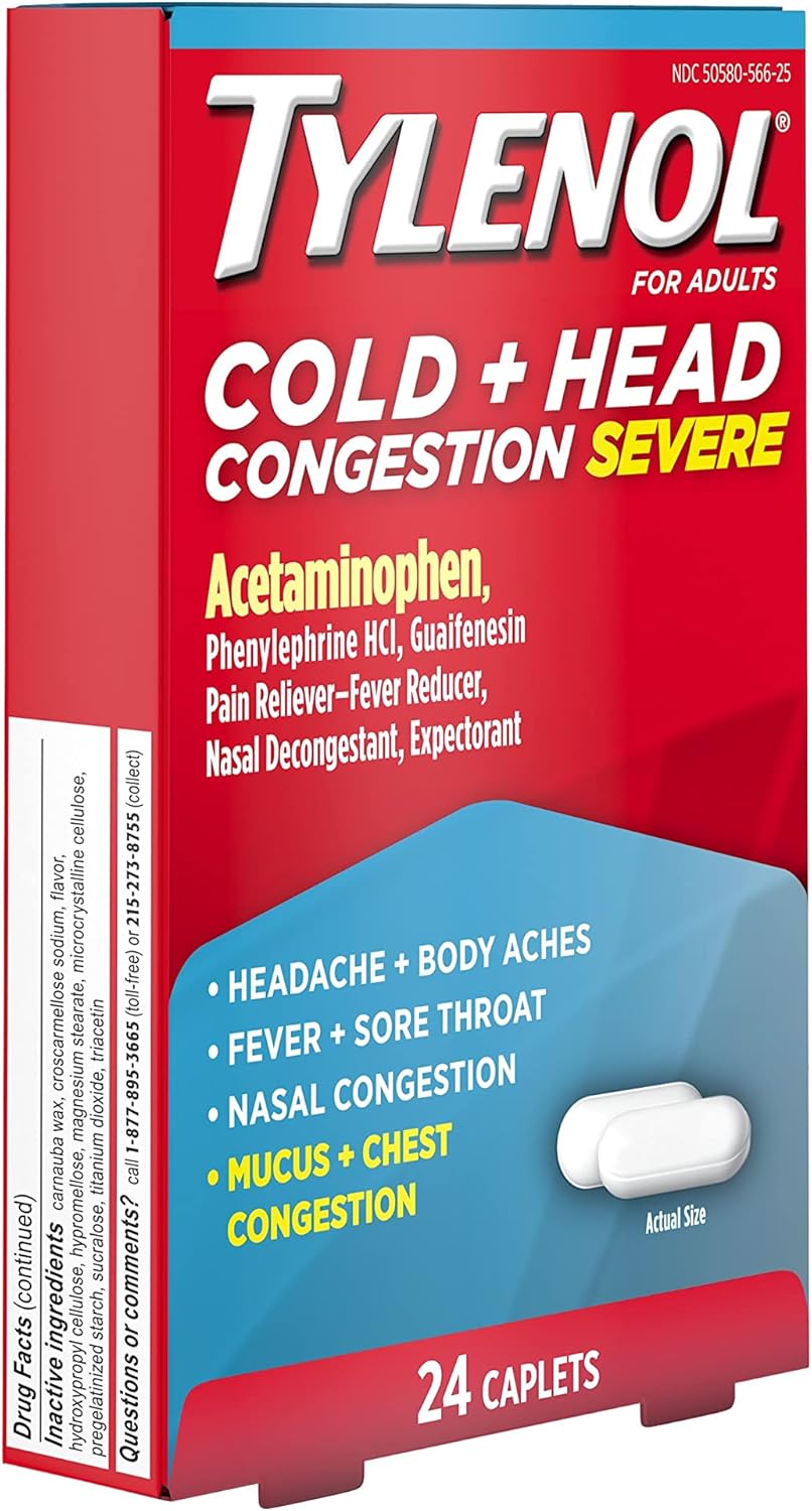 Tylenol Cold + Head Congestion Severe Medicine Caplets for Fever, Pain, and Congestion, Acetaminophen Pain Reliever, Fever Reducer, 24 Count : Health & Household