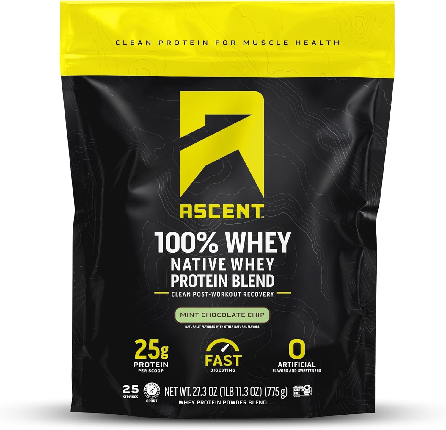 Ascent 100% Whey Protein Powder - Post Workout Whey Protein Isolate, Zero Artificial Flavors & Sweeteners, Gluten Free, 5.5G Bcaa, 2.6G Leucine, Essential Amino Acids, Mint Chocolate Chip, 1 Lb