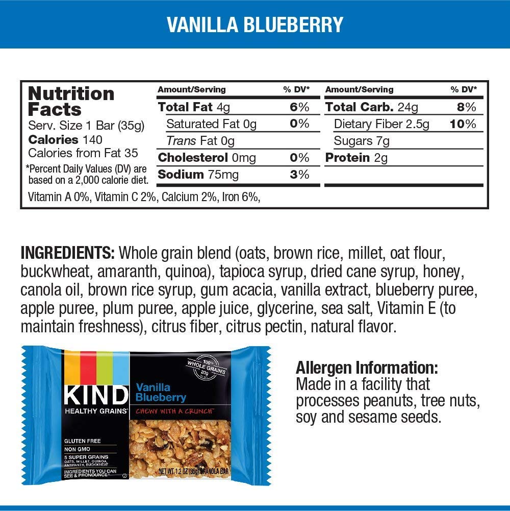 Kind Healthy Grains Bars Gluten Free 1.2 Ounce, Hgb Vanilla Blueberry, 40 Count