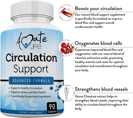 Amate Life Blood Circulation Support Supplement for Arteries & Veins Health- Natural Cardiovascular Pills with L-Arginine, Ginger Root- Promotes Healthy Blood Flow & Heart Health- 90 Capsules