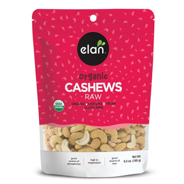 Elan Organic Raw Cashews 6.5 oz, Unroasted, Unsalted, Non-GMO, Vegan, Gluten-Free, Kosher, Raw Nuts, Healthy Snack