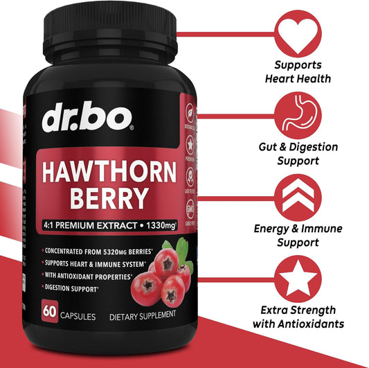 Hawthorn Berry Capsules Supplement - 1330mg 4:1 Hawthorn Extract for Digestion & Heart Health Supplements - Extra Strength Fresh Hawthorn Berry Extract Berries Non-GMO - 60 Hawthorne Supplement Pills