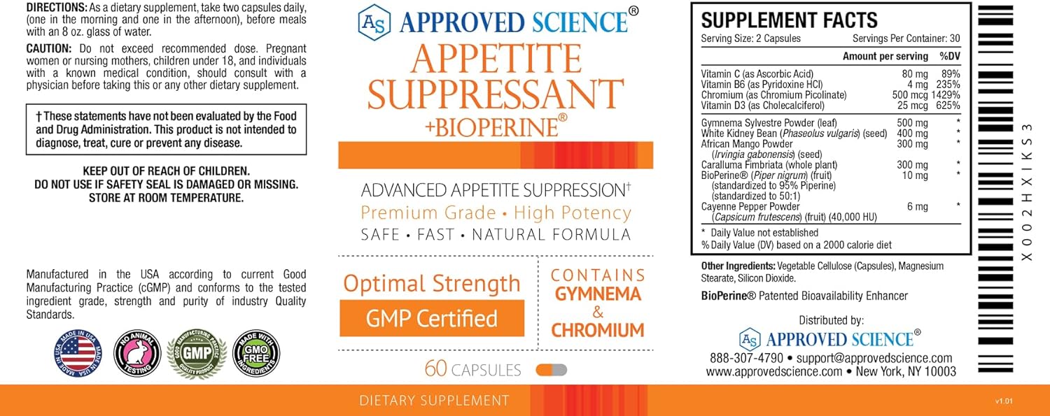 Approved Science® Appetite Suppressant - Gymnema, Chromium, Cayenne Pepper - 60 Capsules - Made in The USA : Health & Household