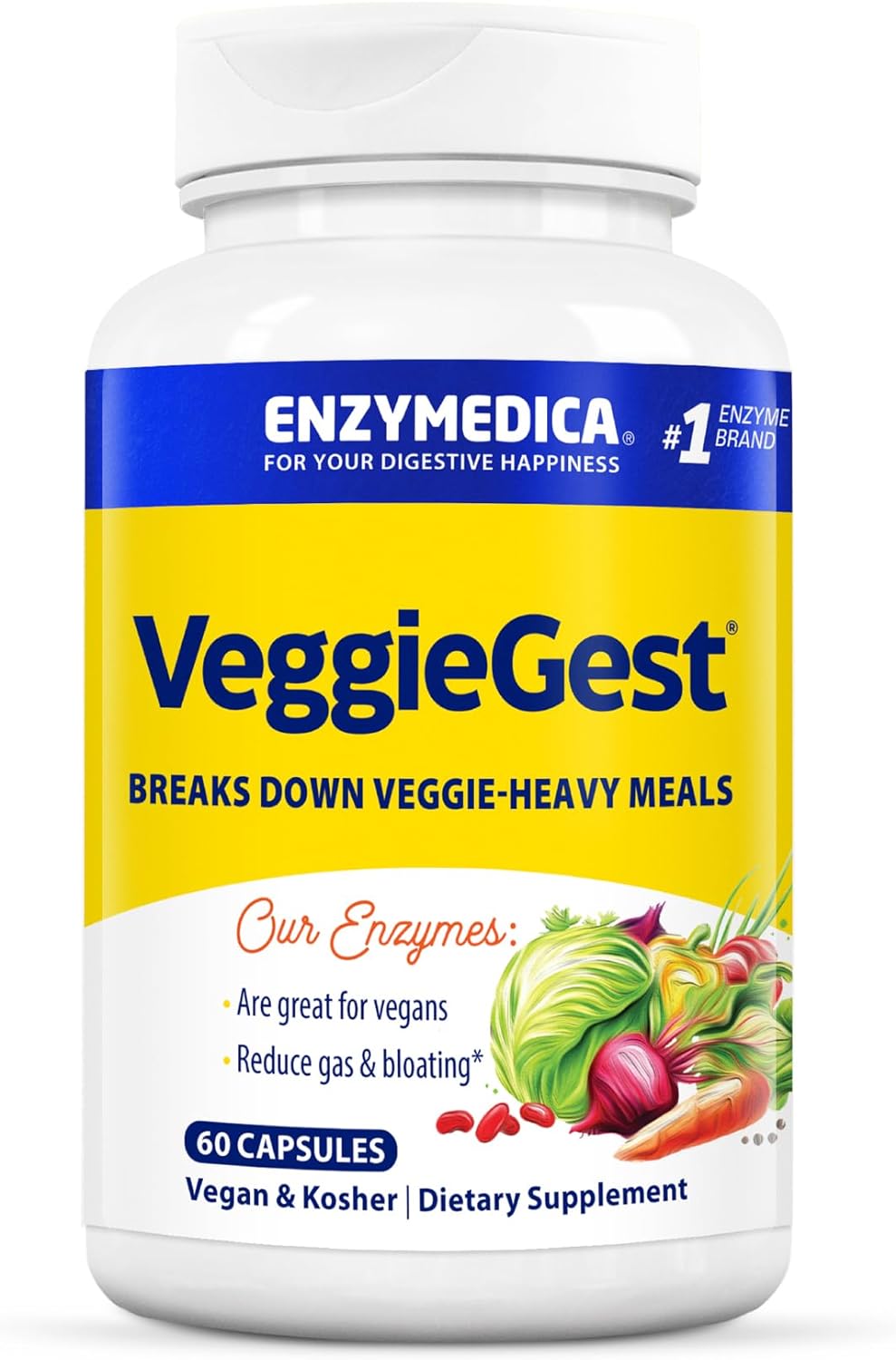 Enzymedica VeggieGest, Digestive Enzymes for Vegan, Vegetarian and Raw Diets, Prevents Gas and Bloating, 60 Count - Standard