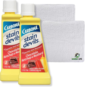 Laundry Stain Remover for Clothes Messy Eater Stain Treater Kit Includes 2X Carbona Stain Devil 1.7oz and 2x Samba Life Washcloth. Compatible with Shout Stain Remover (Ketchup, Mustard & Chocolate)