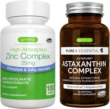 Astaxanthin Complex + Zinc Complex Vegan Bundle, Antioxidant Support For Skin, Hair & Nails, By Igennus