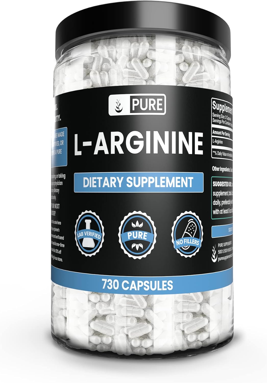 Pure Original Ingredients L-Arginine (730 Capsules) No Magnesium Or Rice Fillers, Always Pure, Lab Verified