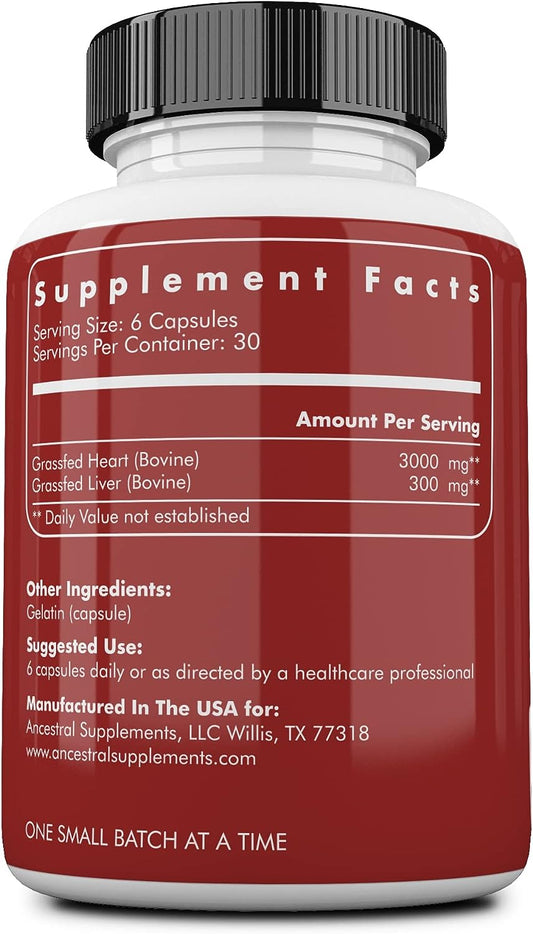 Ancestral Supplements Grass Fed Beef Heart Supplement, 3300mg, CoQ10 Supplement with Grass Fed Beef Liver, Supports Energy, Immune, Heart and Mitochondrial Health, Non GMO, 180 Capsules