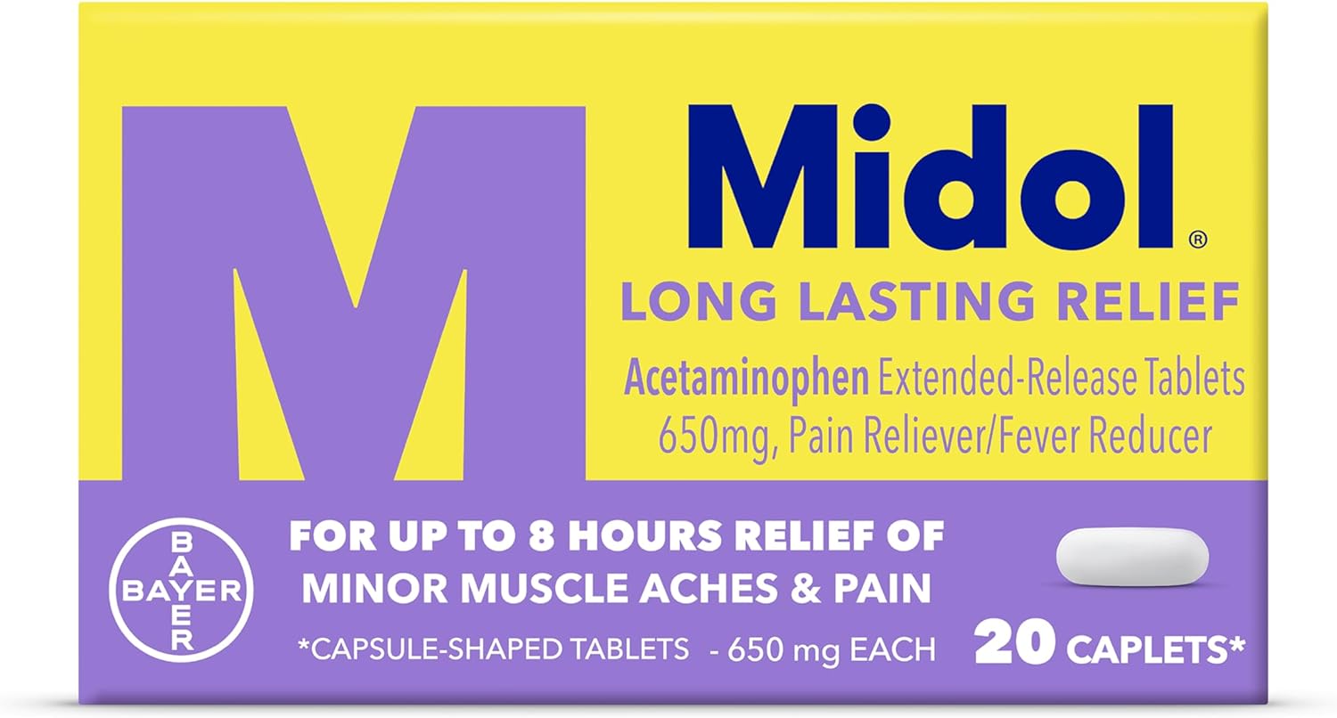 Midol Long Lasting Relief 20ct: Midol Long Lasting Relief, Menstrual Symptom Reliever & Fever Reducer, Caplets with Acetaminophen for Menstrual Pain Relief - 20 Count (Packaging May Vary)