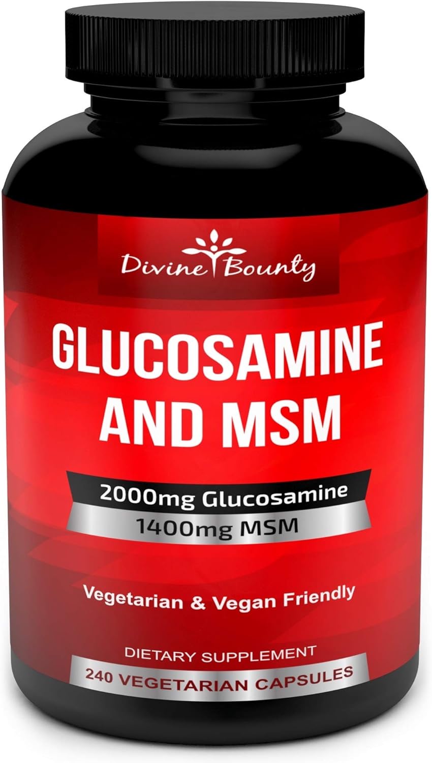 Divine Bounty Glucosamine Sulfate Supplement (2000mg per Serving) with MSM - 240 Small Vegetarian Capsules - No Shellfish, GMO's or Harmful Additives