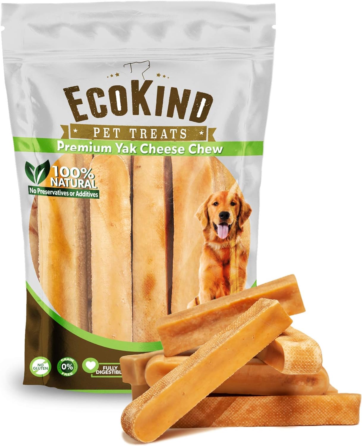 EcoKind Pet Treats Gold Himalayan Yak Cheese Dog Chew, Yak Dog Treats for Active Chewers, 100% Natural & Healthy Chew Sticks for Small & Large Dogs, Yak Cheese Chews (3 Medium Sticks)