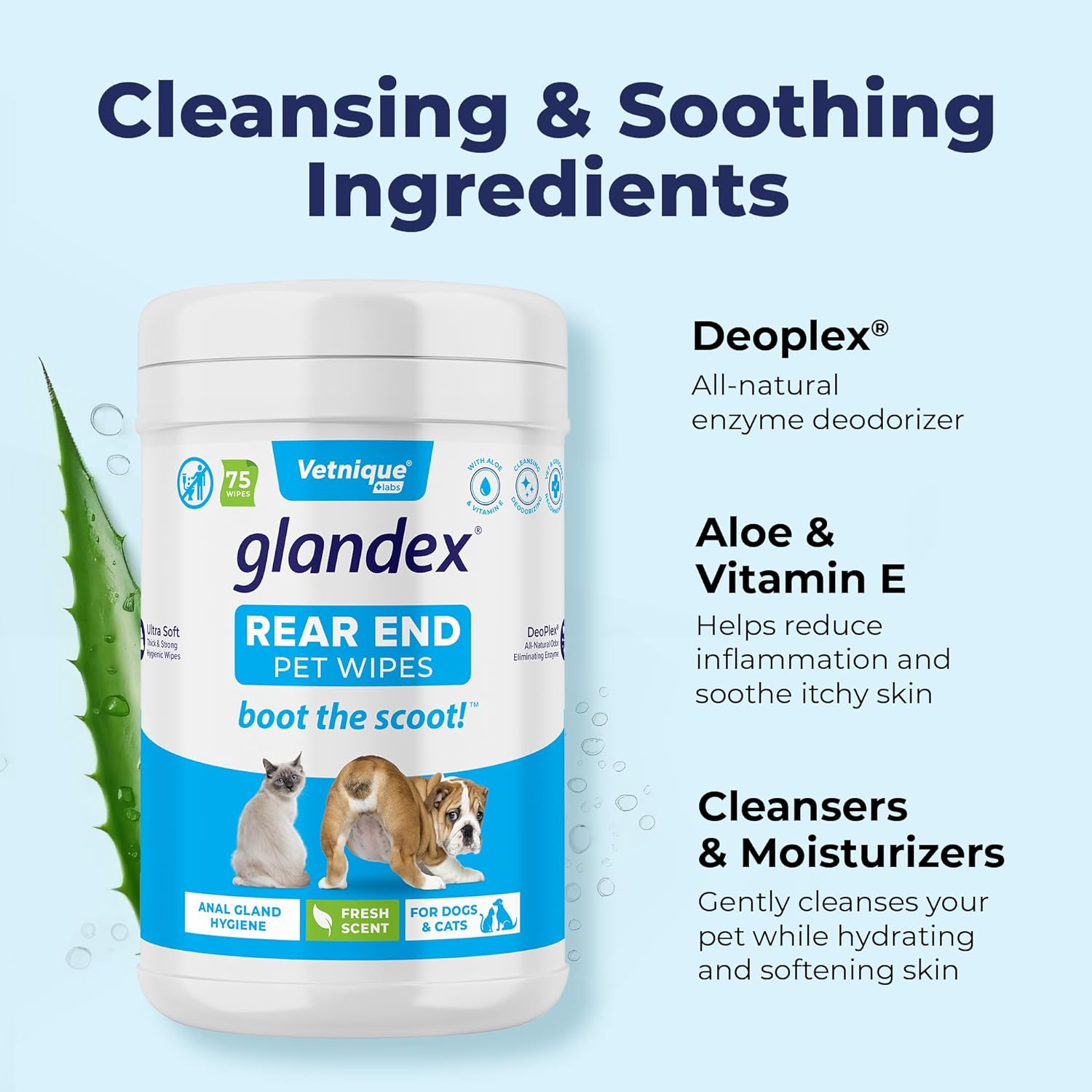 Vetnique Labs Glandex Dog Wipes for Pets Cleansing & Deodorizing Anal Gland Hygienic Dog & Cat Wipes with Vitamin E, Skin Conditioners and Aloe (75ct)