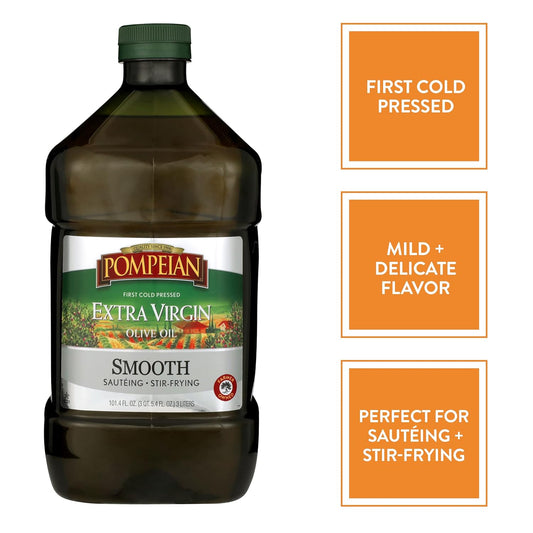 Pompeian Smooth Extra Virgin Olive Oil, First Cold Pressed, Mild And Delicate Flavor, Perfect For Sauteing And Stir-Frying, Naturally Gluten Free, Non-Allergenic, Non-Gmo, 101 Fl Oz., Single Bottle