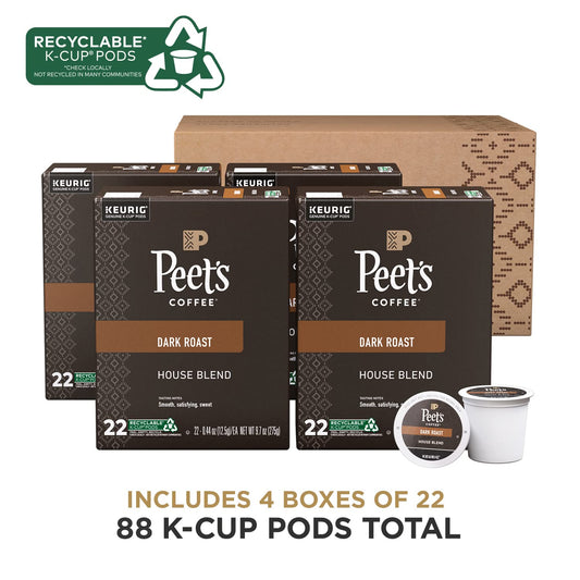 Peet's Coffee, Dark Roast K-Cup Pods for Keurig Brewers - House Blend 88 Count (4 Boxes of 22 K-Cup Pods)