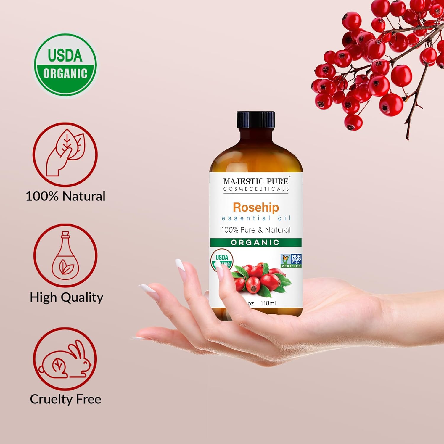 MAJESTIC PURE Organic Rosehip Oil | USDA Organic Oil Rose Hip for Face, Skin, Hair & Massage | Acne Scars & Facial Oil | For Women & Men | 4fl oz : Beauty & Personal Care