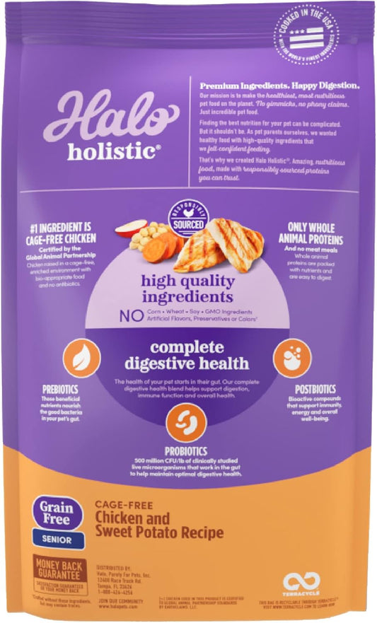 Halo Purely For Pets Holistic Dog Food, Complete Digestive Health Grain Free Cage-Free Chicken And Sweet Potato Recipe, Dry Dog Food Bag, Senior Formula, 10-Lb Bag