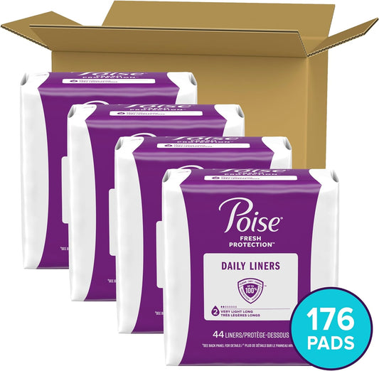 Poise Daily Liners, Incontinence Panty Liners, 2 Drop Very Light Absorbency, Long Length, 176 Count Of Pantiliners (4 Packs Of 44), Packaging May Vary