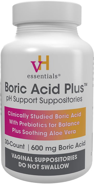 vH essentials Boric Acid Plus Vaginal Suppositories, Prebiotic Infused with Soothing Aloe Vera, pH Support Formula Fights Odor and Promotes Freshness, 600mg Boric Acid, 30 Count