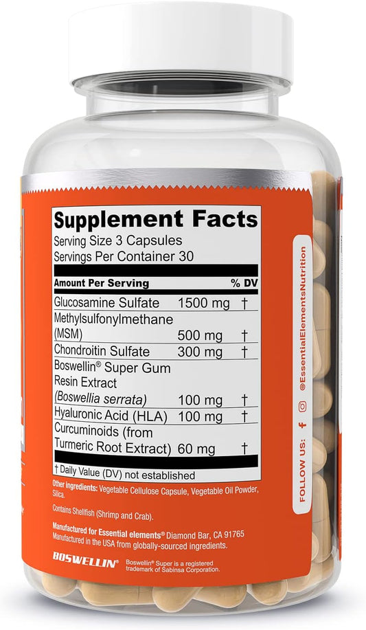 Essential Elements Glucosamine Chondroitin Msm Boswellia Serrata Hyaluronic Acid Supplement Joint Support Antioxidant Supplement For Flexibility - 90 Capsules