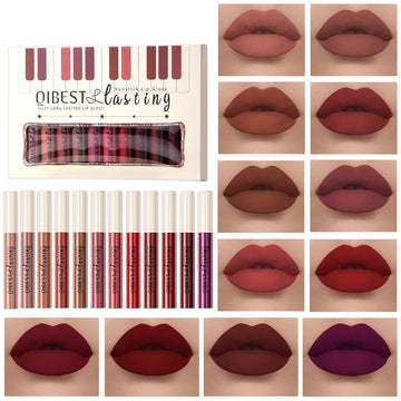 12Pcs Matte Liquid Lipstick Set For Girls & Women, 24 Hours Long Lasting Waterproof Nude & Dark Red Lip Gloss Makeup Kits, Velvet Non-Stick Cup Mate Duracion 24 Horas Originales Lip Stains (Set 01, 1)