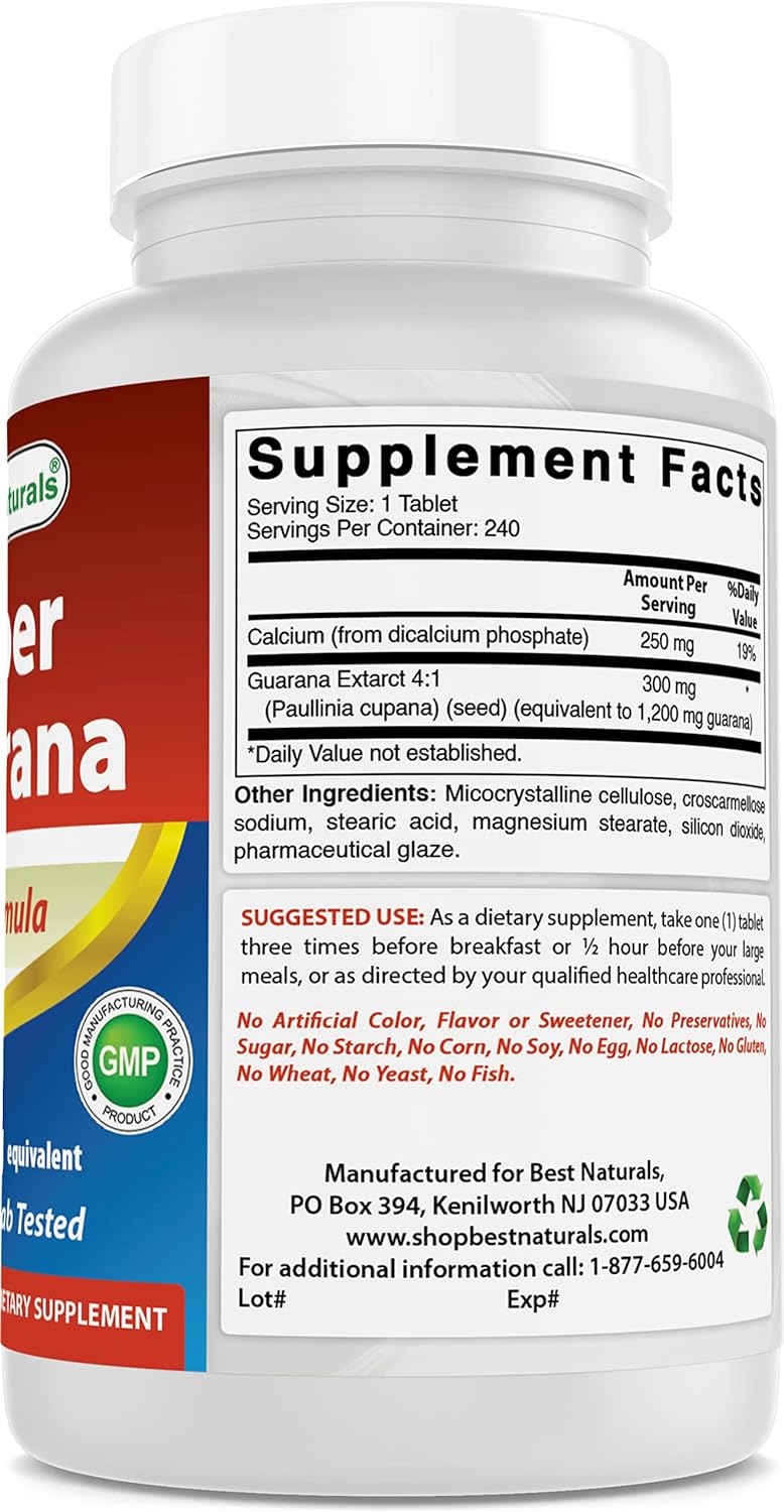 Best Naturals Guarana 1200 mg 180 Tablets (180 Count (Pack of 3))