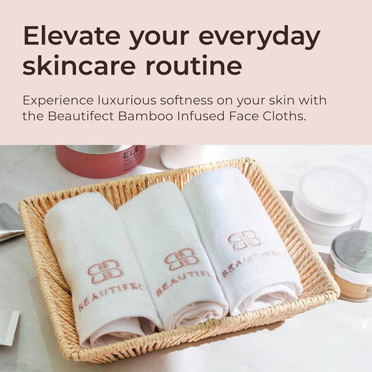 Beautifect Bamboo Face Cloths - Bamboo Infused & Cotton Flannel Face Cloth - Natural Materials Suitable For Sensitive Skin - 3 Cleansing & Makeup Removal Wash Cloths - With Luxury Storage Tube