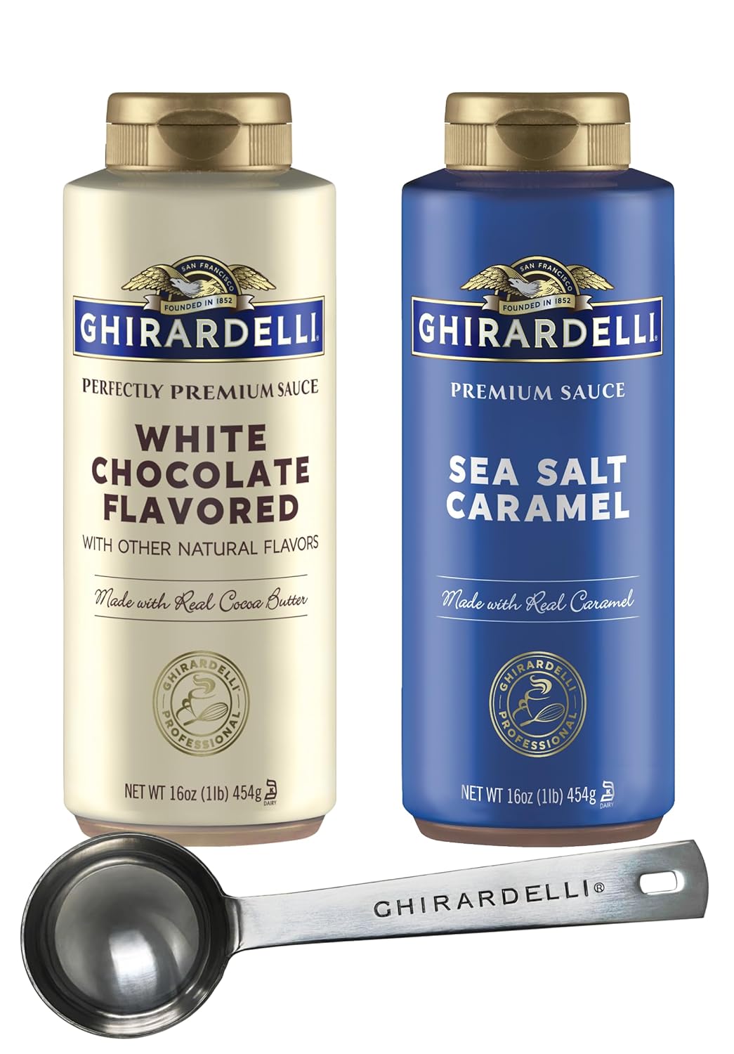 Ghirardelli Sea Salt Caramel and White Chocolate Flavored Sauce Squeeze Bottles, 16 Ounce (Pack 2) with Ghirardelli Stamped Barista Spoon